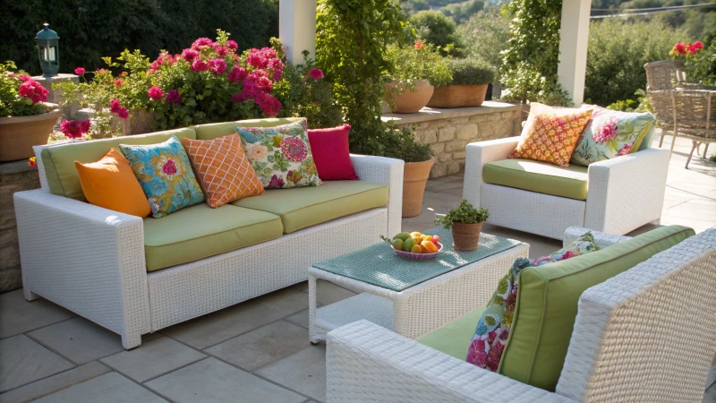 Outdoor patio with wicker furniture and colorful cushions