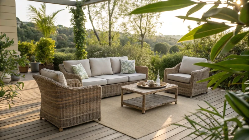 Serene outdoor patio with synthetic rattan furniture