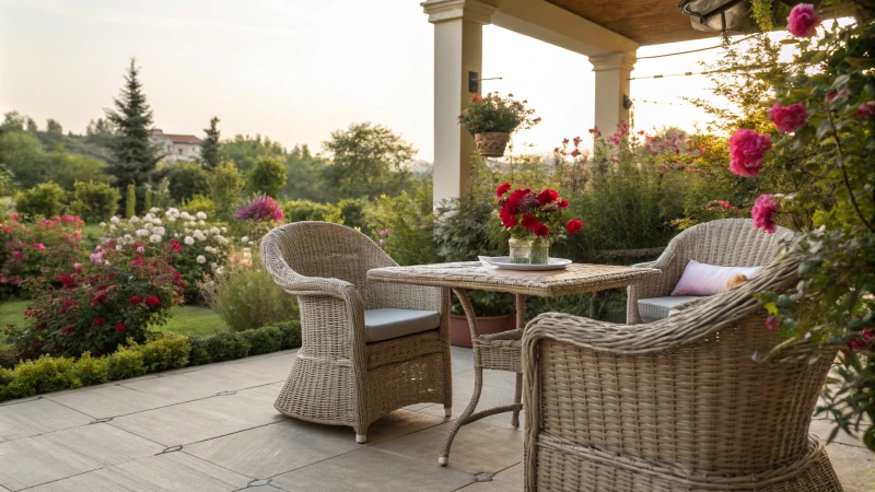 Outdoor patio with wicker furniture and vibrant flowers