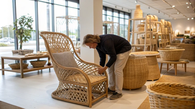 Person examining a rattan chair in a showroom