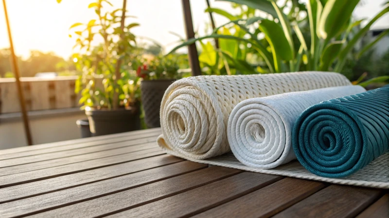 Close-up of plastic rattan materials on a wooden table