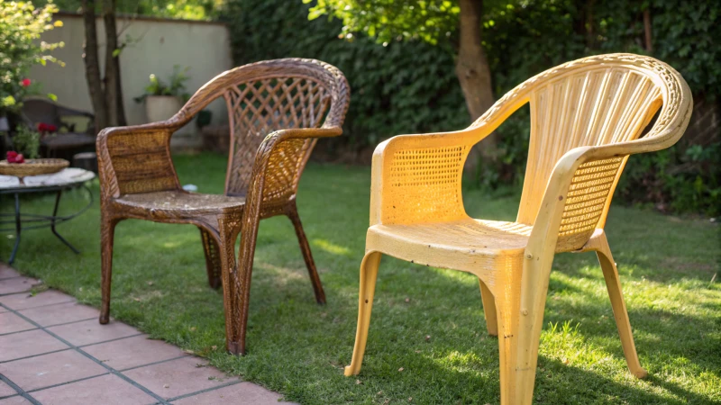 A side-by-side comparison of plastic rattan and natural rattan furniture in an outdoor setting
