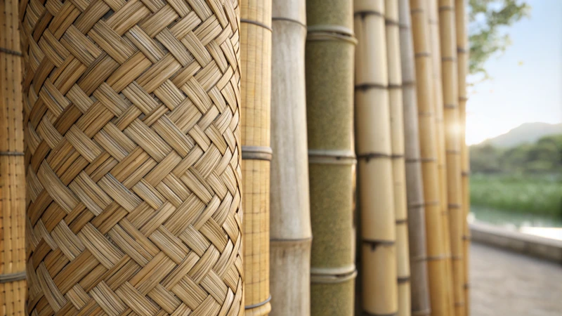 Close-up of textured rattan and smooth bamboo side by side