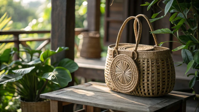 A rattan bag on a wooden table with green leaves
