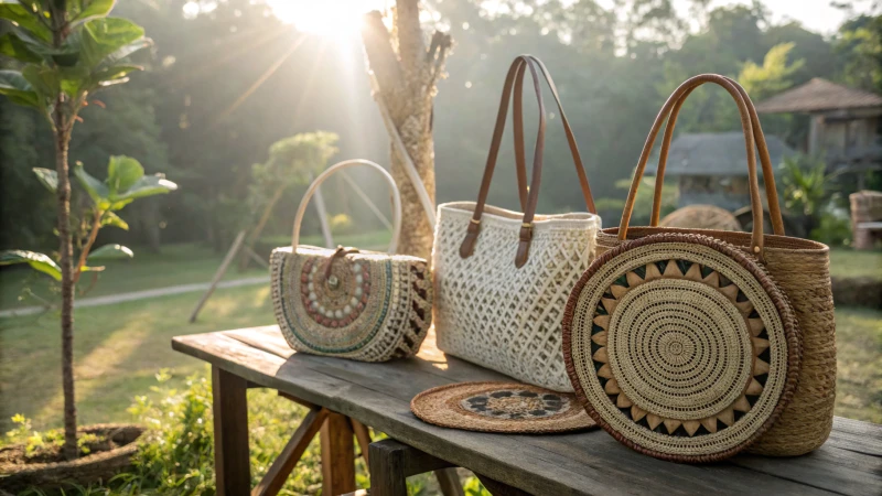 Assortment of stylish rattan bags on a rustic wooden table outdoors