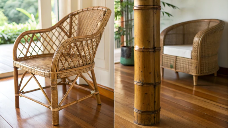 Comparison of rattan and bamboo materials on a wooden surface.