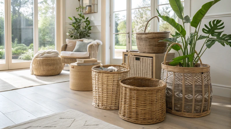 A stylish arrangement of rattan baskets in a modern living room