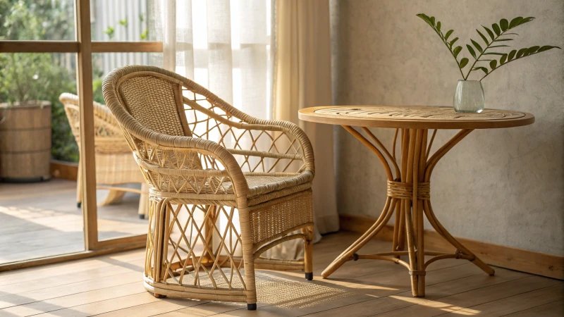 A rattan chair beside a bamboo table in natural light