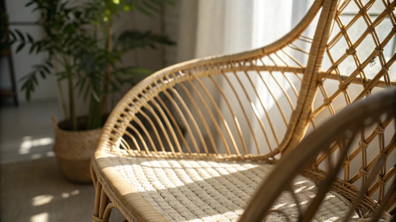Close-up of a rattan chair with intricate weaving patterns