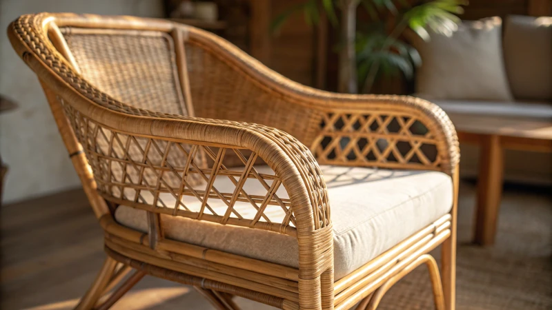 Close-up of a finely crafted rattan chair