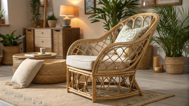 A beautifully crafted rattan chair in a cozy living room