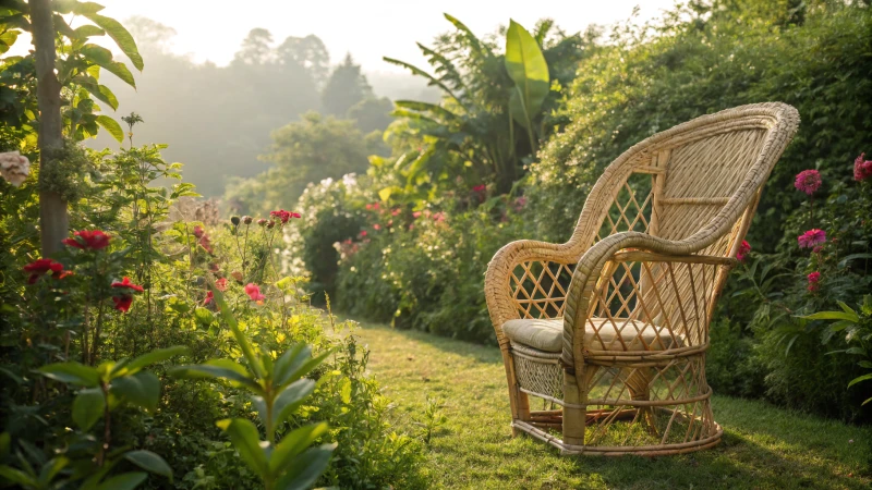 A rattan chair in a vibrant garden setting.