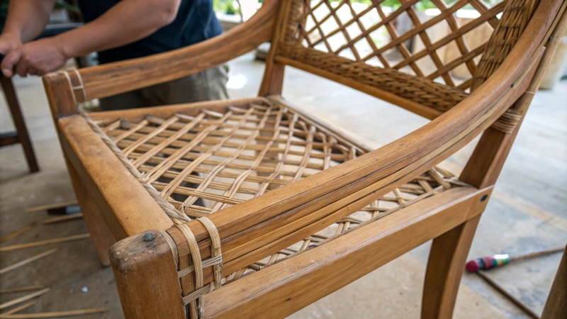 Close-up of a rattan chair being repaired, showcasing weaving and sanding techniques