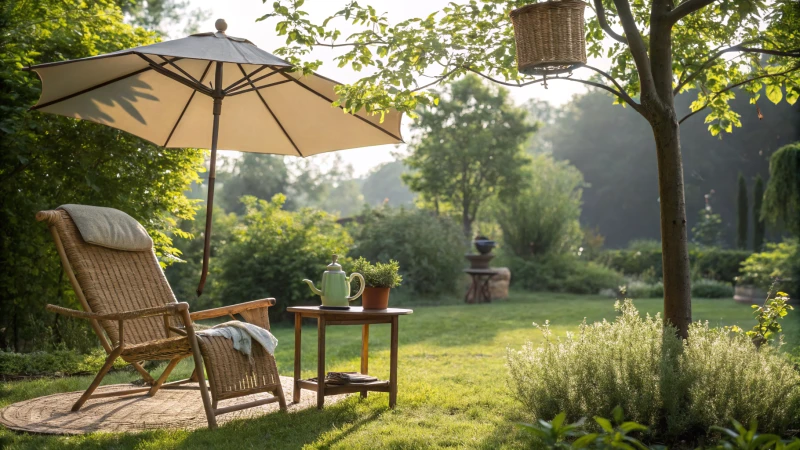 A rattan chair under an umbrella surrounded by greenery