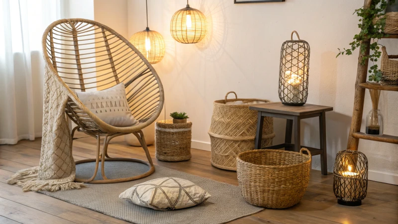 Collection of rattan products in a well-lit space