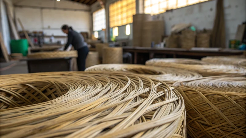 Close-up of rattan fibers with workshop background