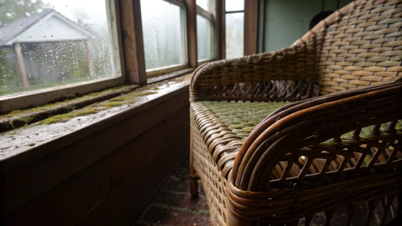 Close-up of rattan furniture with mold in a dimly lit room