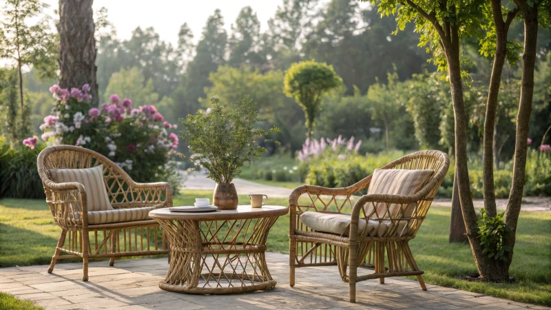 Rattan furniture set in a lush green outdoor setting