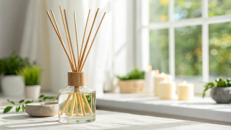 Rattan reed sticks in a glass diffuser with essential oils