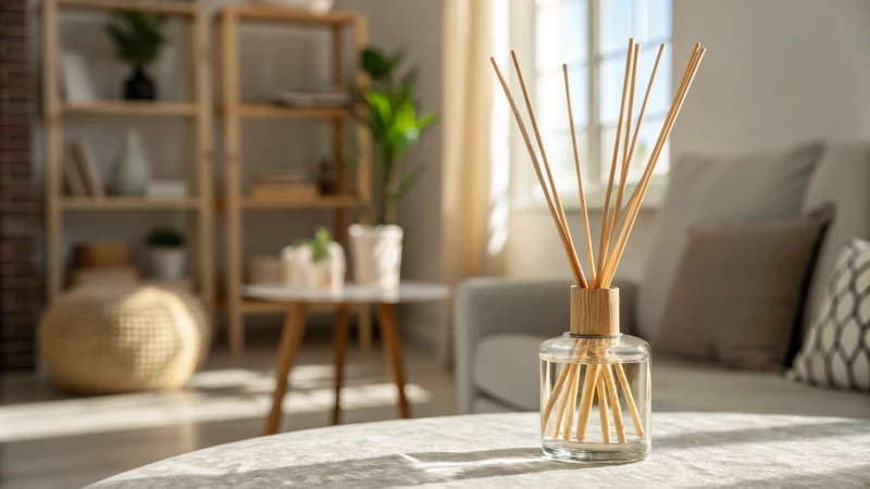Close-up of rattan reeds in a glass diffuser