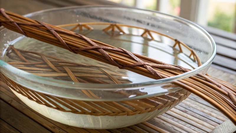 A bowl of warm water with rattan strips soaking in it.