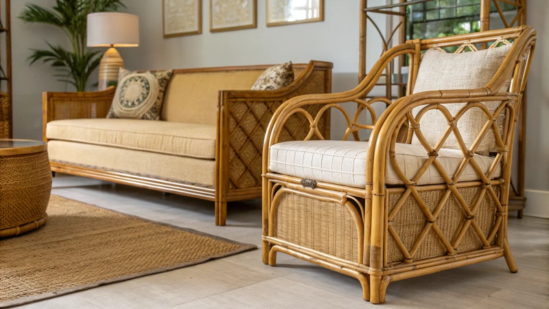 Comparison of rattan and bamboo cane furniture in a well-lit room