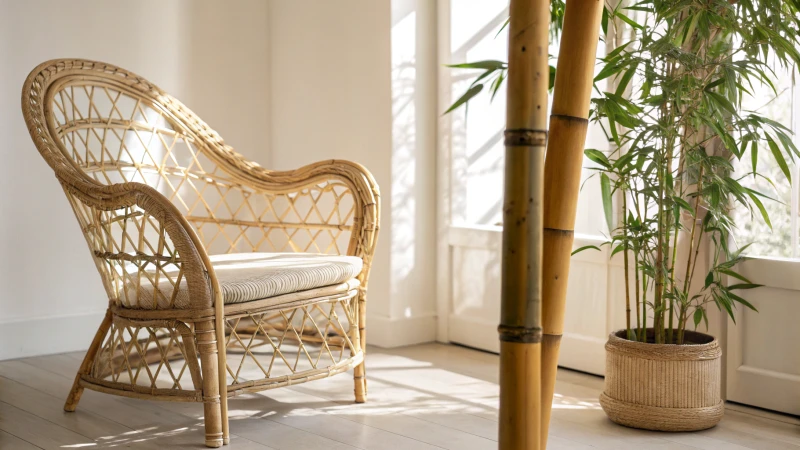 A comparison of rattan and bamboo, featuring a rattan chair and a bamboo pole.