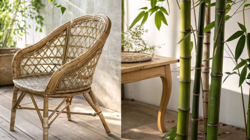 Side-by-side comparison of rattan and bamboo materials on a wooden table.