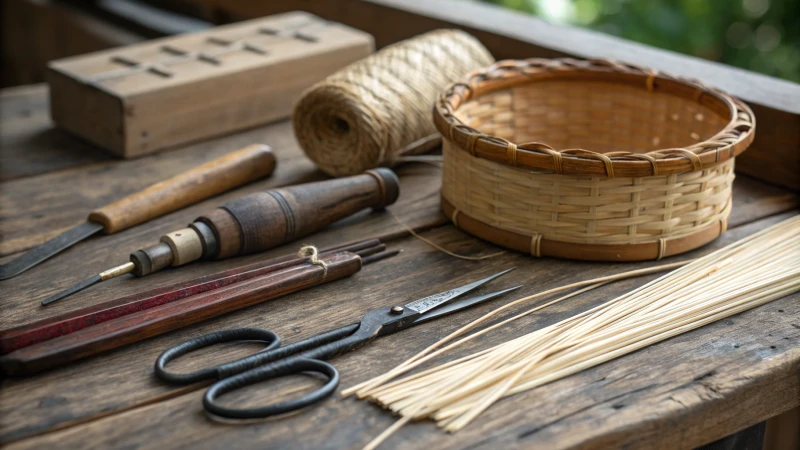 Rattan weaving tools on a wooden table