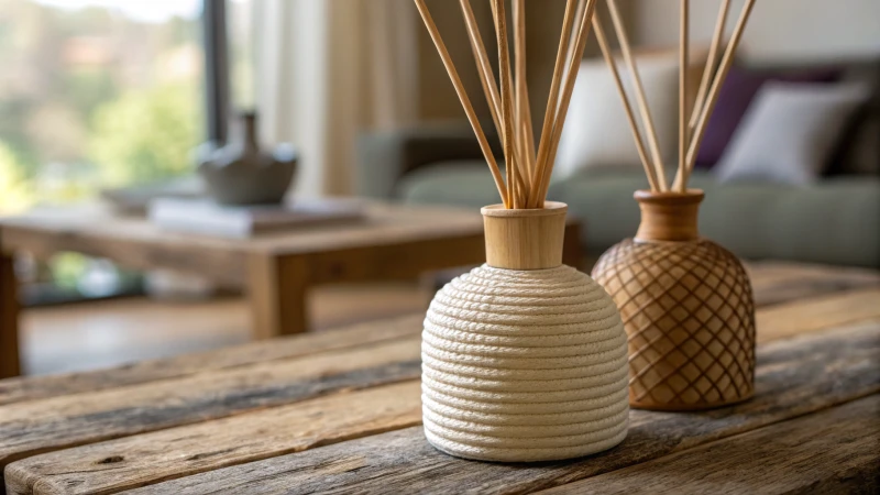 Close-up of natural rattan and synthetic fiber diffuser sticks