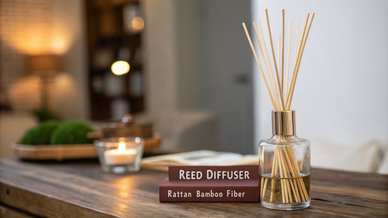A stylish reed diffuser with assorted reeds on a wooden table.
