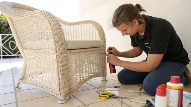 A person repairing plastic wicker furniture with epoxy adhesive.