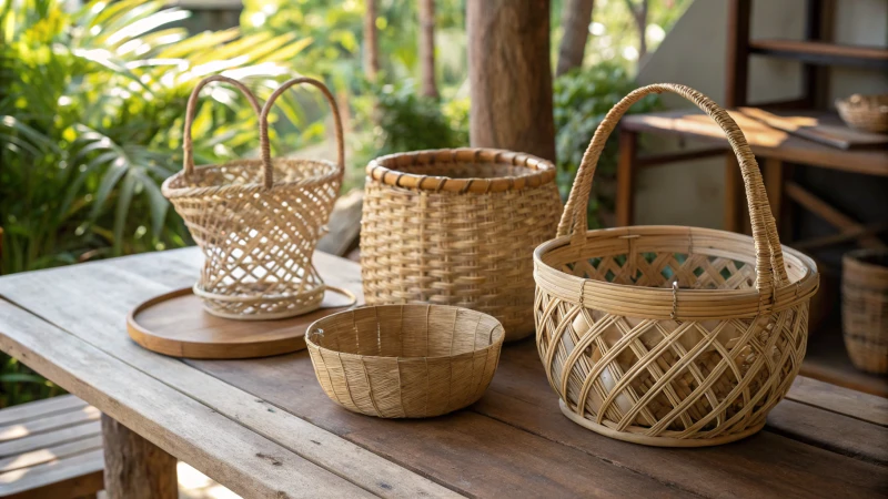 Rustic wooden table with handmade rattan baskets