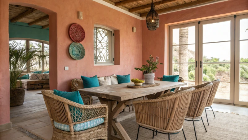 Serene dining area with rattan chairs and rustic wooden table