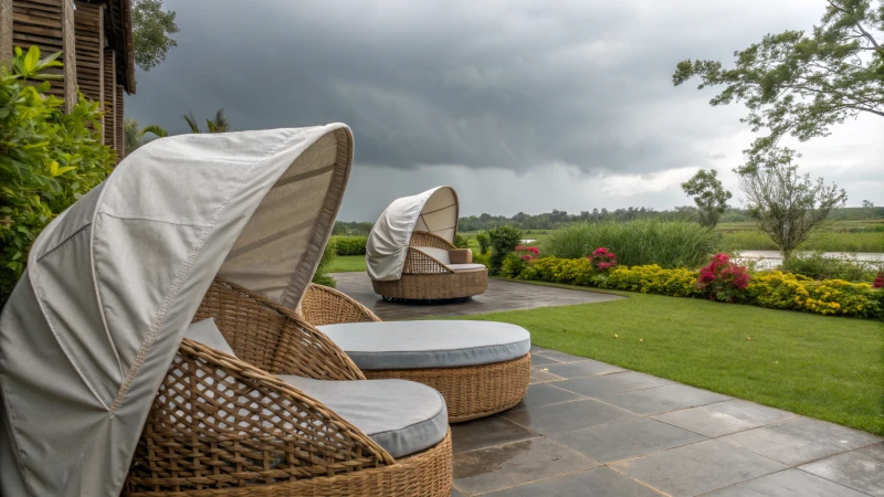 Serene garden with rattan furniture under a protective cover