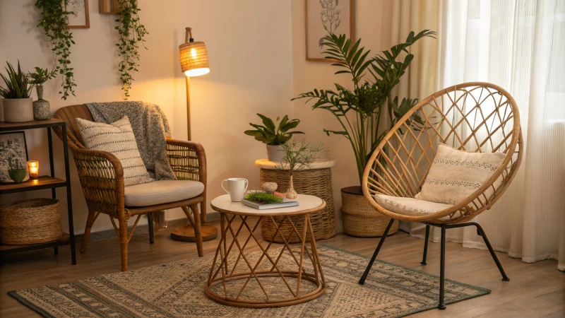 A serene living room with rattan chairs and warm lighting
