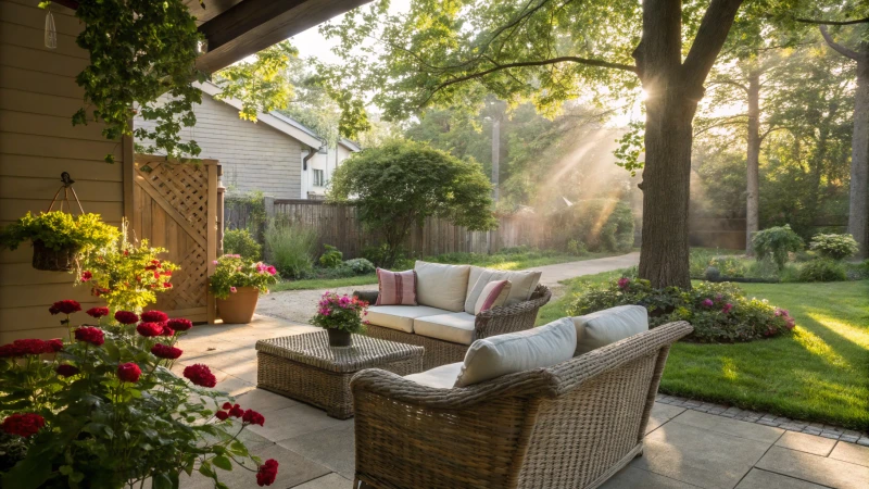 A serene outdoor patio with modern rattan furniture and vibrant plants