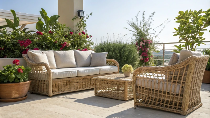 Serene outdoor patio with rattan wicker furniture