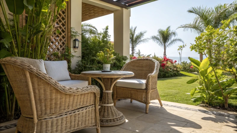 Serene outdoor scene with rattan cane furniture