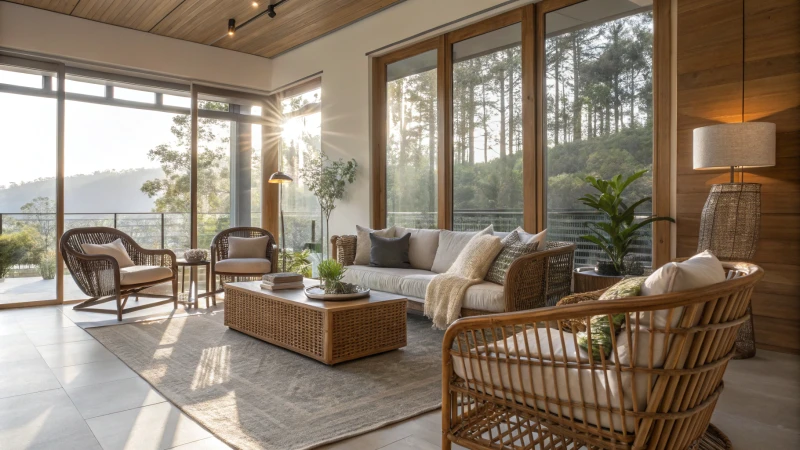 Stylish living room with rattan furniture and natural light