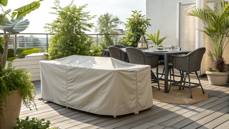 Stylish outdoor dining set on wooden patio