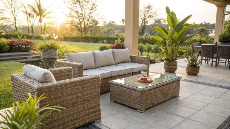 Stylish outdoor patio with rattan furniture