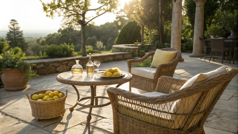 A sunlit patio with wicker furniture and eco-friendly cleaning items.