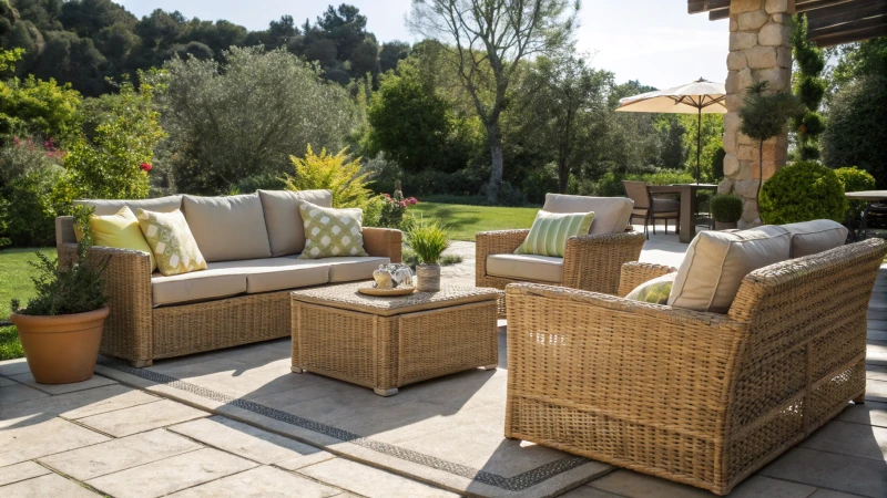 Sunny outdoor scene with rattan and resin wicker furniture surrounded by greenery.