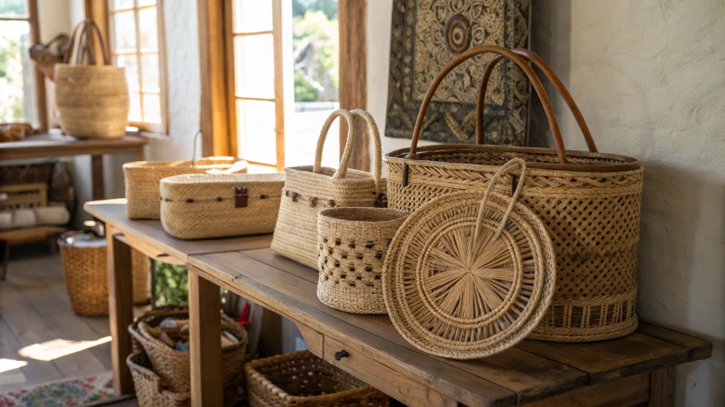 Display of traditional rattan bags on a wooden table