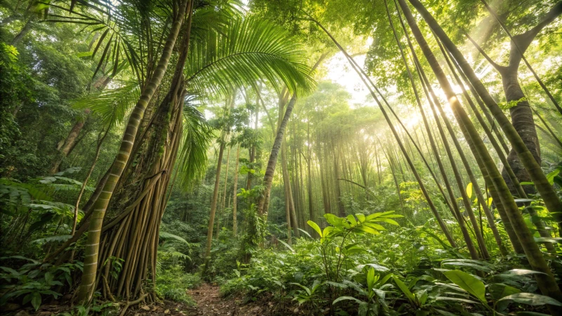A vibrant tropical forest with rattan canes and lush foliage