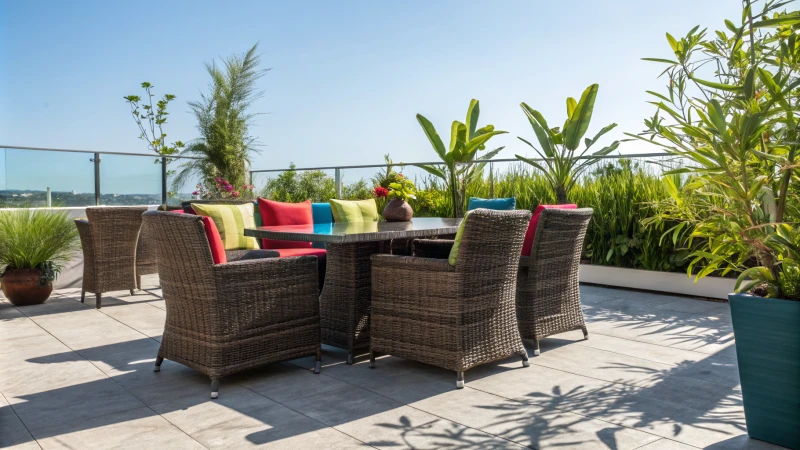 Vibrant outdoor patio with rattan furniture and colorful cushions