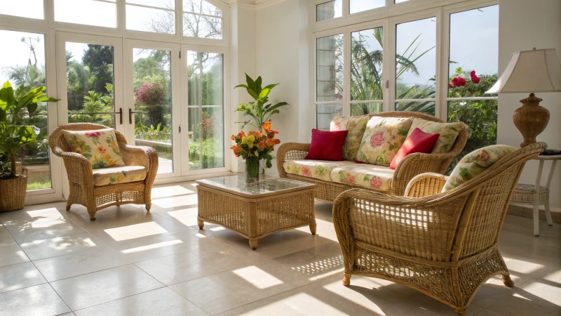 Warm and inviting living room with rattan furniture