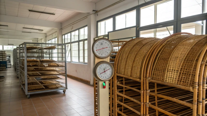 A well-organized workshop with rattan pieces drying