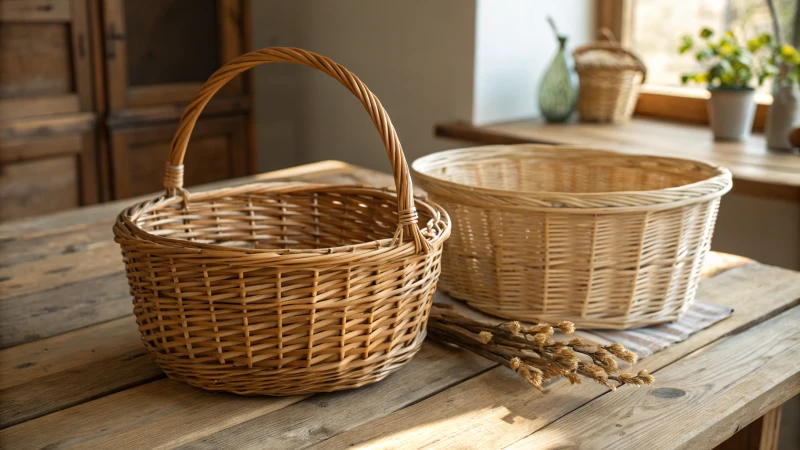 Comparison of a wicker basket and a rattan basket on a wooden table